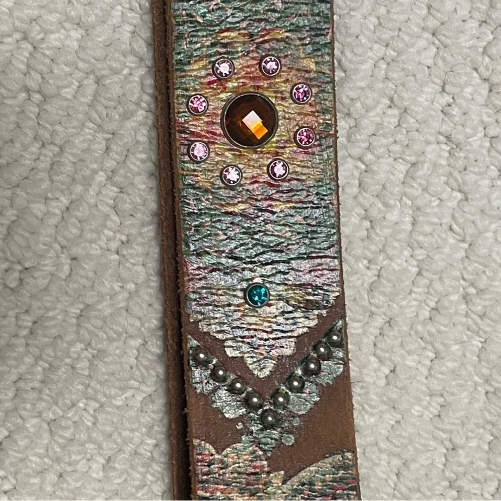 Noona Belt Co. Genuine leather bling rhinestones embroidery belt size S brown